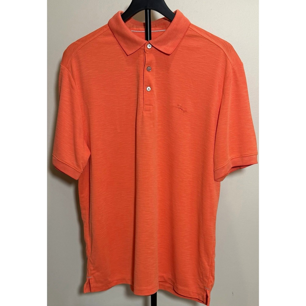 Tommy Bahama Island Zone Orange Solid Polo Shirt Men's L Short Sleeve Logo EUC